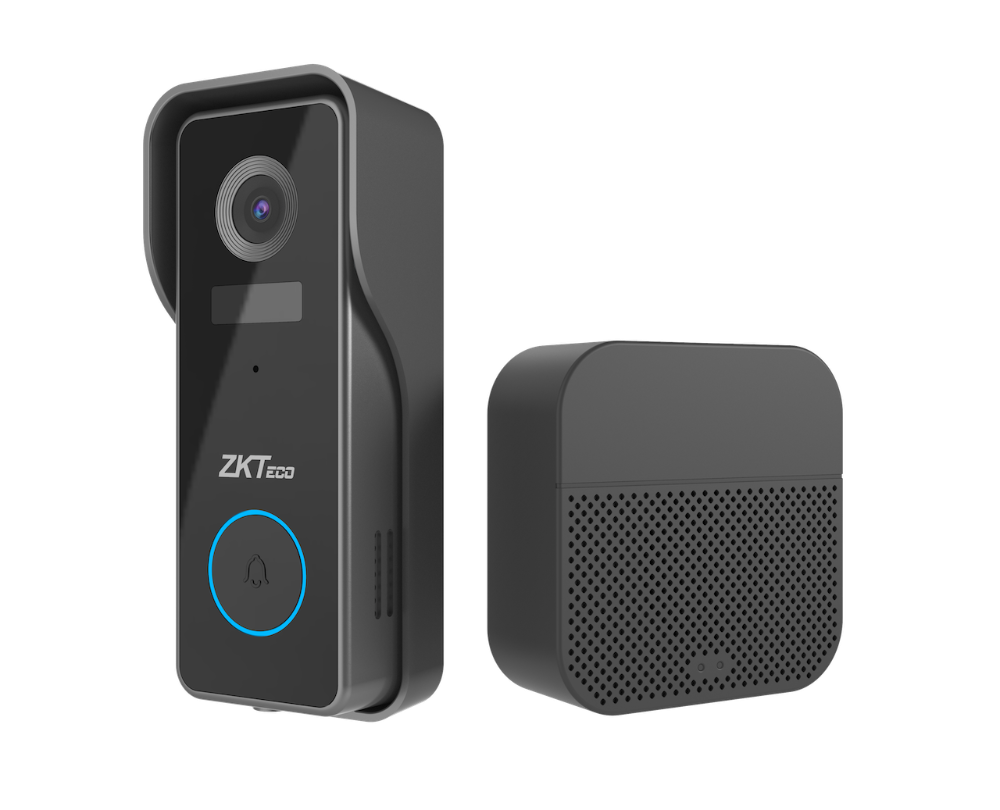 ZKTeco doorbell camera and speaker on a white background