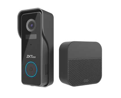 ZKTeco doorbell camera and speaker on a white background